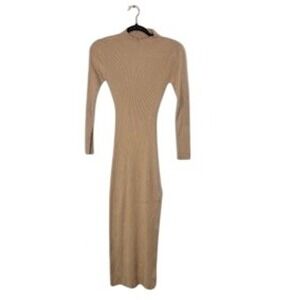 Mable Women's Ribbed Fitted Stretchy Tan Mock Neck Long Sleeve Maxi Dress Medium